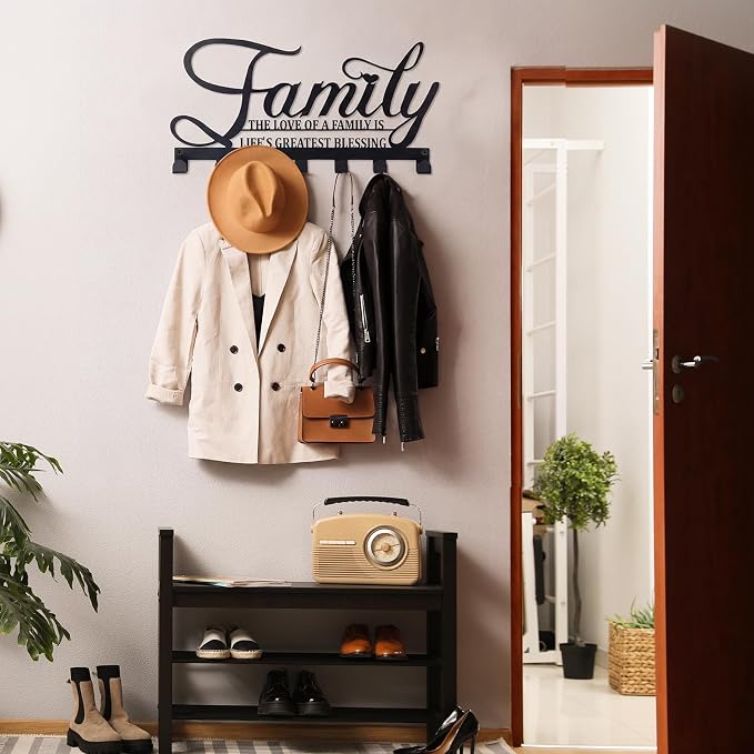 Hicarer Family Key Holder Metal Hooks Decorative Hanger Black Rack Wall Mount Organizer with Screws and Anchors for Keys Hat Kitchen Entryway Front Door Home Decor(Stylish Style)