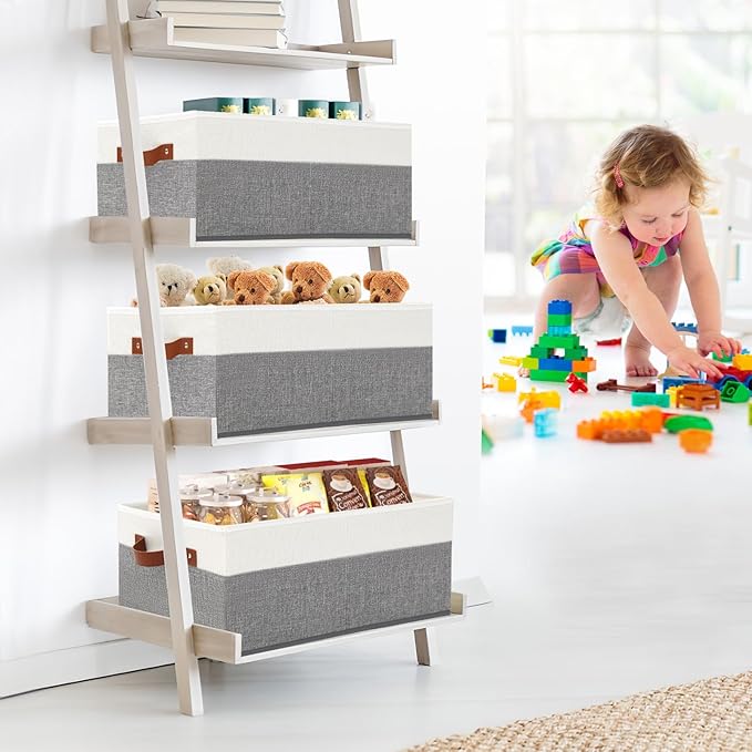 6 Pack Closet Storage Bins, Storage Baskets for Shelves | Linen Closet Organizers and Storage with Leather Handles for Clothes,Towels, Sheets, Jeans, Toys, Books (Grey and White)