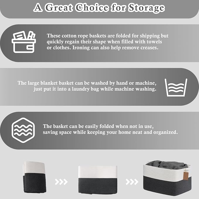 Goodpick Extra Large Rectangle Woven Storage Basket, Dark Gray | 75L, 22 × 17 × 12 in, Reinforced Handles, Blankets, Toys & Clothes Storage, Living Room, Bedroom & Nursery Organization
