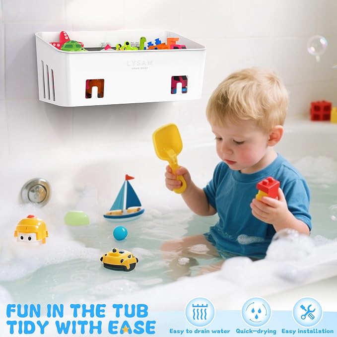 Bath Toy Storage 2 Packs, Large Bath Toy Holder - 3 Compartments, Quick-Dry | BPA-Free Bathtub Toy Organizer, Wall-Mounted Adhesive Shower Caddy, Bathroom Toy Basket & Bin for Baby, Toddler, Kids, White