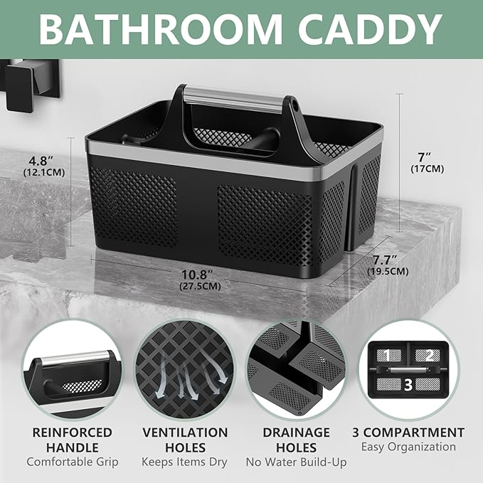 BYUNER 2Pack Shower Caddy Dorm: Portable Bathroom Caddy Organizer with Handle, Plastic Hard Shower Basket Storage Tote for Toiletry, Drainage, College Dorm Room Essentials, Black