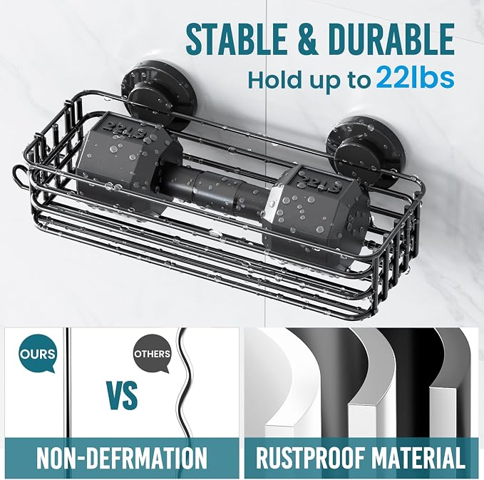 TAILI Shower Caddy Suction Cup, 3 Pack Shelves for Inside with Hooks & Soap Holder Toothbrush Cups, Removable Bathroom Organizer, Rustproof Black Shelves