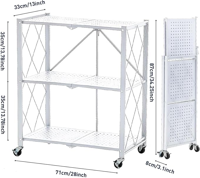 BRIAN & DANY 3-Tier Foldable Storage Shelves with Wheels, No Assembly Folding Shelf Metal Rack, Shelving Unit for Kitchen, Garage, White