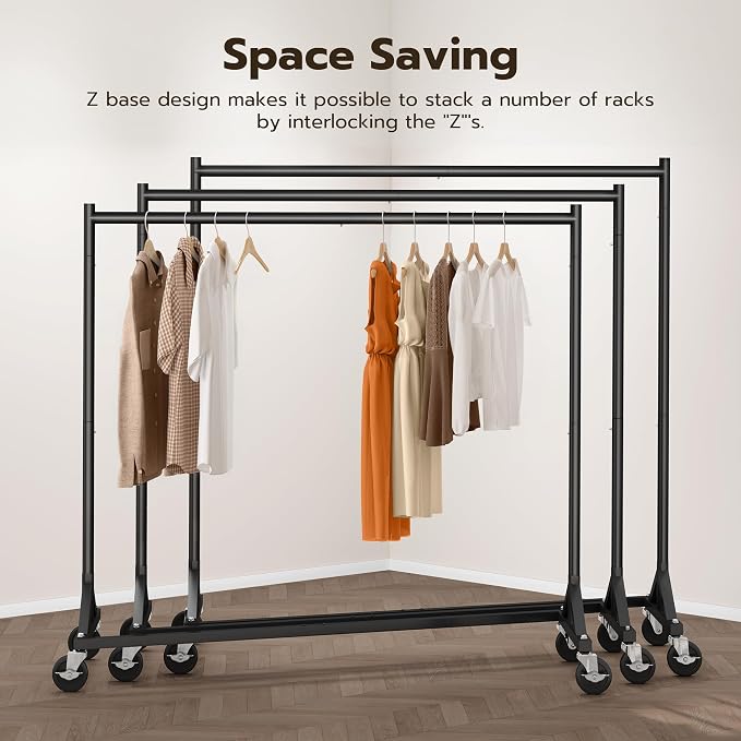HOKEEPER Z Rack for Clothes Heavy Duty Clothing Rack Hold 500LBS Black | Commercial Garment Rack with Wheels Rolling Portable Clothes Rack for Bedroom, Laundry, Balcony 24" D x63"W x 71"H, 2 Packs