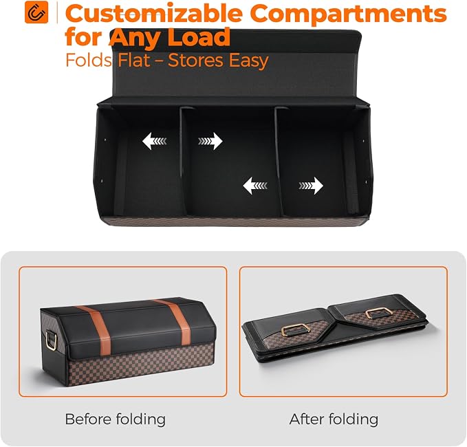 Fyzeoty Car Trunk Organizer for SUV and Sedan, Orange‑Stripe Plaid, 29.5 in | Dual‑Material Dual‑Tone Craft, Extra Large, Leather Storage Box, Magnetic Lid, Collapsible & Adj, Water‑Resist & Dust‑Proof