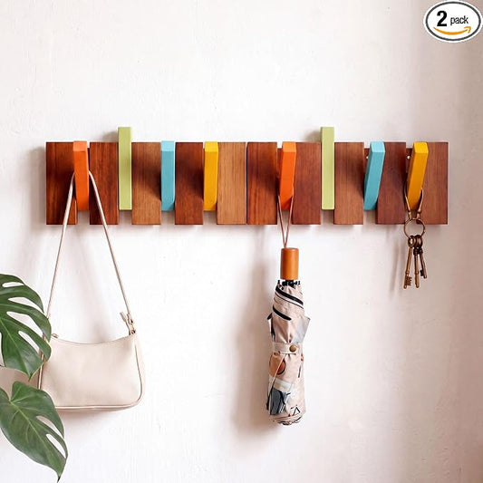 Youyole 2 Pcs 4 Hook Wooden Coat Hooks Wall Mounted Mid Century Modern Folding Coat Rack Hanger Heavy Duty Flip Down Piano Hat Rack for Hanging Coats Keys Hats Robe Towels Home