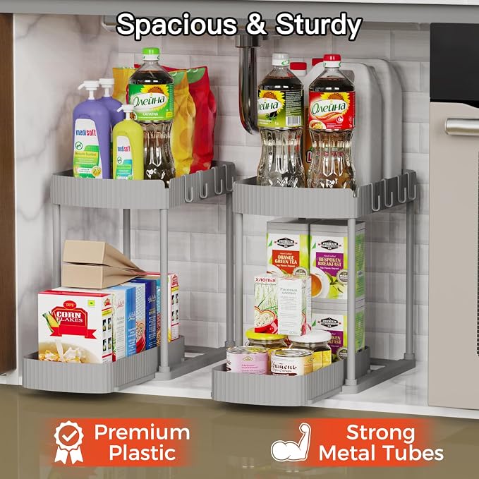 Ukeetap 2 Pack Multi-Purpose Pull-Out Storage Organizers, Under Sink Organizers and Storage for Bathroom & Kitchen, Under Cabinet Organizers and storage, 14.8 Inch, Grey