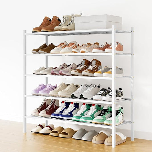 Smiry Bamboo Shoe Rack, 12 Vertical Slats, 5 Tier - 33.7" Wide, White | Stackable Free Standing Wooden Shoe Organizer, Wood Shoe Storage Shelf for Closet, Entryway