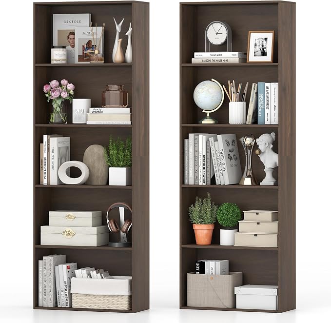 Giantex 5-Tier Bookshelf Set of 2, Freestanding Bookcase with 5 Open Shelf | Modern Display Shelf, Storage Organizer for Living Room, Home Office, Dark Walnut