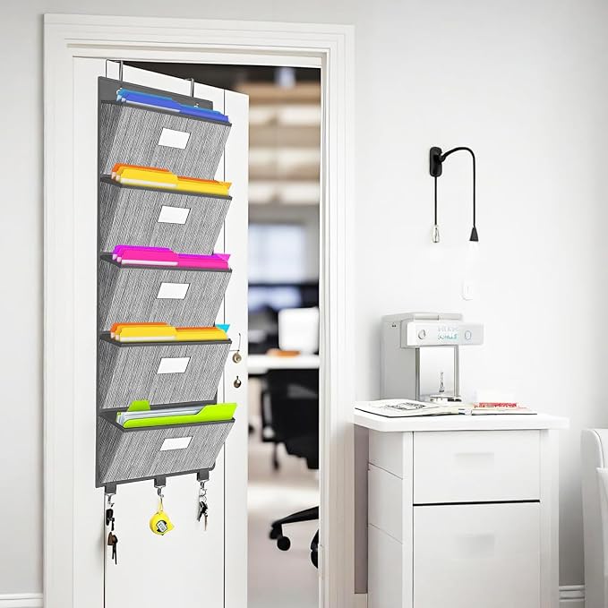 Over the Door File Organizer, Hanging File Folders, Wall Organizers and Storage for Mail, Magazine, Notebooks, Planners, Office, Classroom, 5 Extra Large Pockets, 50.39” Tall (Grey)
