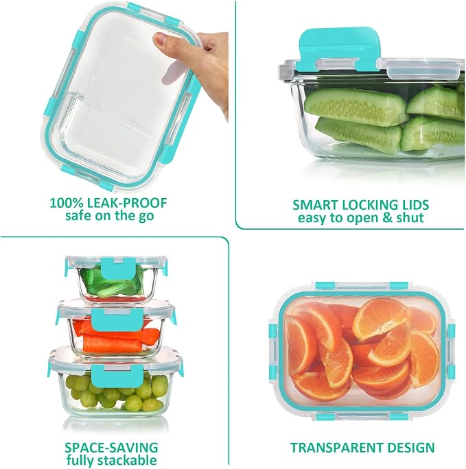 24 Pieces Glass Food Storage Containers Set, Meal Prep Containers, BPA-Free Airtight Glass Storage Containers with lids, Freezer, Microwave and Oven Safe,Green