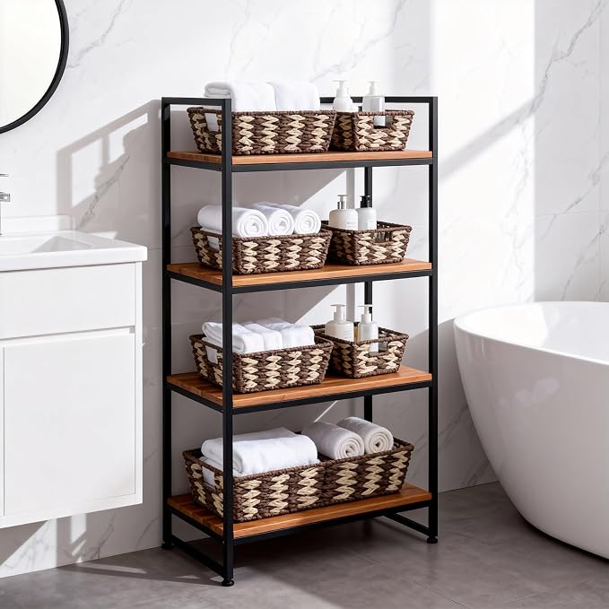 Paper Rope Storage Baskets for Shelves Organizing, Small Hand Woven Wicker Organizer Basket with Handle for Bathroom Toilet Paper Storage, Beige and Brown, 3-Pack
