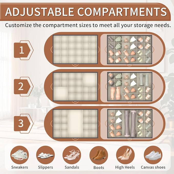 Foyego 2 Pack Shoe Organizer for Closet, Shoe Storage with Wheels, Gray | Fits 48 Pairs, with Adjustable Dividers and Clear Cover, Saving Space Foldable Fabric Closet Shoe Storage Organizer Box Bins