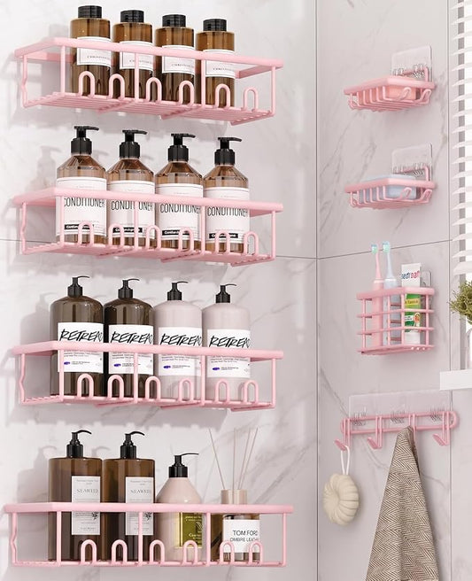 8 Pack Adhesive Rustproof Shower Caddy with Soap Dishes, Toothbrush Holder & Hooks, Large Capacity No-Drilling Shower Shelves Rack for Bathroom Organizers and Storage Accessories, Pink