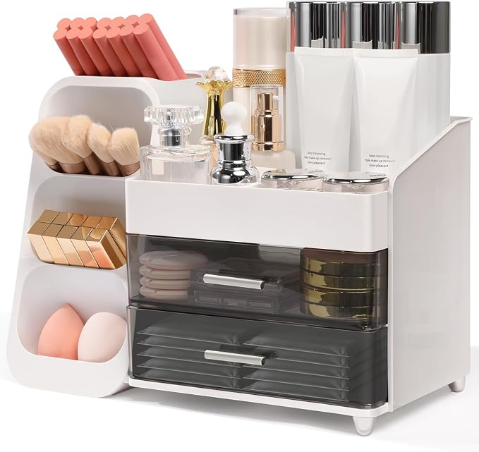 Makeup Organizer for Vanity with Brush Holder and 2 Drawers, White | Large-Capacity Makeup Holder Organizes Skincare, Cosmetics and Daily Beauty Products for Tidy Vanity and Bathroom Counters