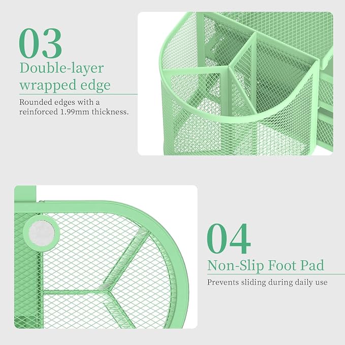 SUPEASY Mesh Desk Organizer, Desk Organizers and Accessories, Pen Holder with Drawers, Pencil Holder for Desk with 2 Drawer for Office Supplies, Mint Green