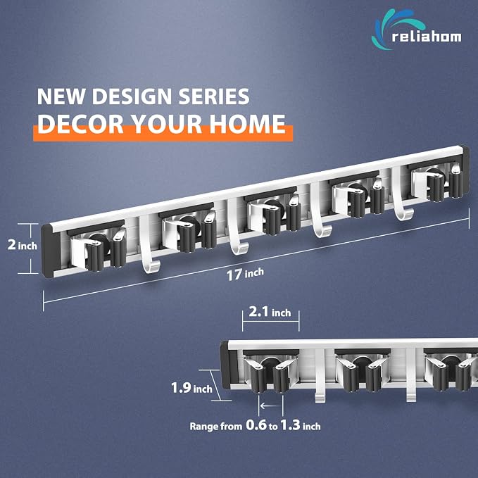 reliahom Broom Holder Wall Mount Mop Hanger Tools organizer 5Racks 4Hooks | Adjustable Mop Broom Wall Hanging Heavy duty Tools Storage Rack Space-saving for Garage,Kitchen,Laundry Room,Garden, Black