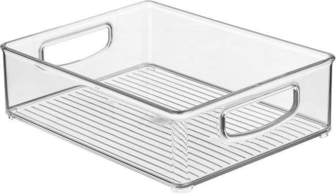 iDesign Plastic Stackable Pantry Bin, Set of 4, Clear | Organizer Bin with Handles, For Cabinets or Fridge