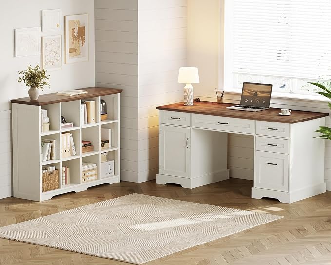 OffiGo 12 Cube Organizer Bookcase, Cube Shelf with Storage, Walnut + White | Modern Farmhouse Design, Open Cube Storage for Books & Decor, Display Shelf, Living Room, Bedroom, Home Office, Entryway