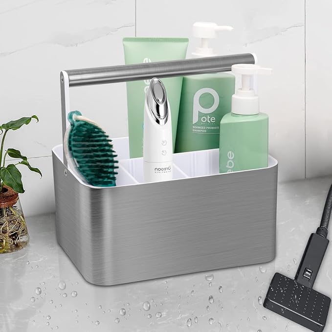 BYUNER Plastic Shower Caddy Dorm - Portable Bathroom Caddy Organizer with Handle and Divider for College Dorm & Shared Bathroom, Hard Shower Tote for Toiletry, Brushed Nickel White