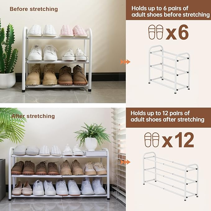 Gonfoam Expandable 3-Tier Shoe Rack for Closet and Entryway, White | Tool-Free Assembly, Metal Material, Adjustable Shoe Organizer, Sturdy, Small Space Solution, Dorms, Garages, Apartments.