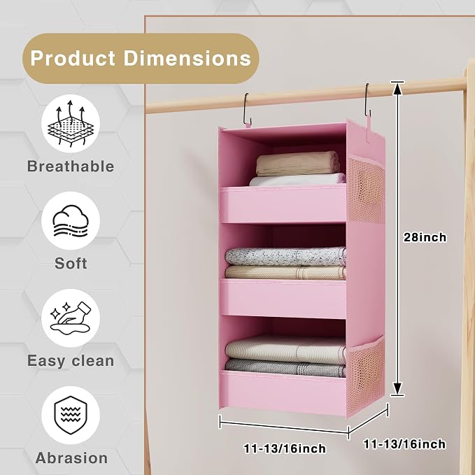 3-Shelf Hanging Closet Organizer, Washable Foldable Storage Shelves, Pink | Front lip keeps items secure; side pockets add room; Oxford fabric handles towels, shirts, baby items, dorms, RVs or travel.