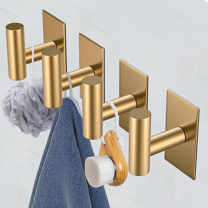 VAEHOLD Wall Towel Hooks, Heavy Duty Sticky Holder Waterproof Towel Hooks for Hanging Coat, Clothes, Closet Hook Wall Mount for Kitchen (Gold, 2 Pack)