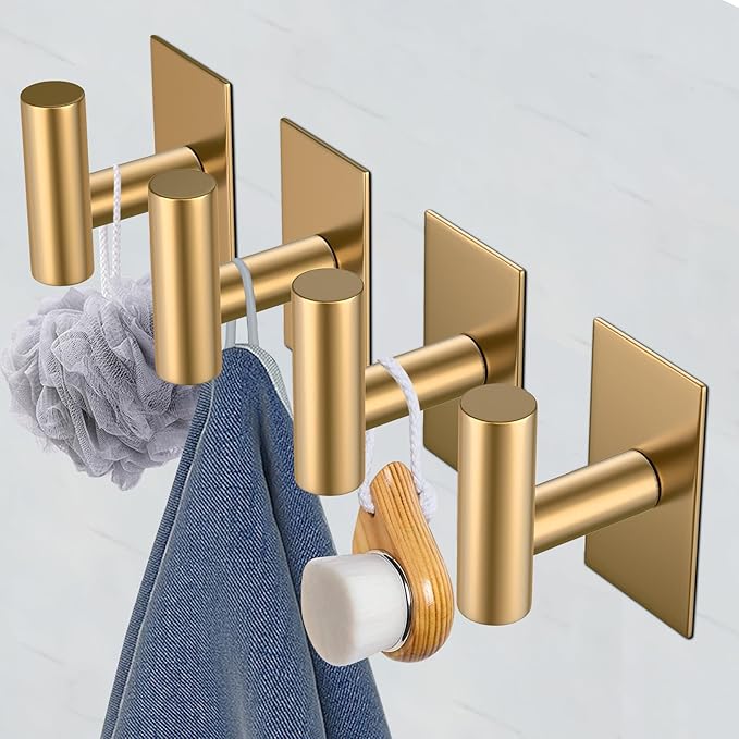 VAEHOLD Wall Towel Hooks, Heavy Duty Sticky Holder Waterproof Towel Hooks for Hanging Coat, Clothes, Closet Hook Wall Mount for Kitchen (Gold, 4 Pack)