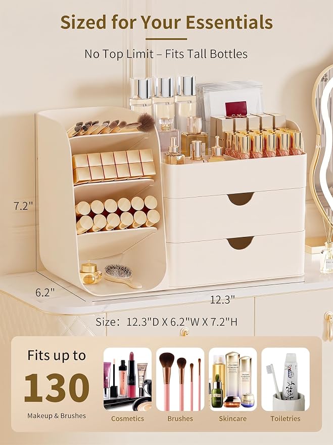 Booklov Small Makeup Organizer for Vanity Countertop, Cream | Plastic Cosmetic Display Case with Drawers, Beauty Brush Holder for Bathroom Counter, Skin Care Perfumes Storage