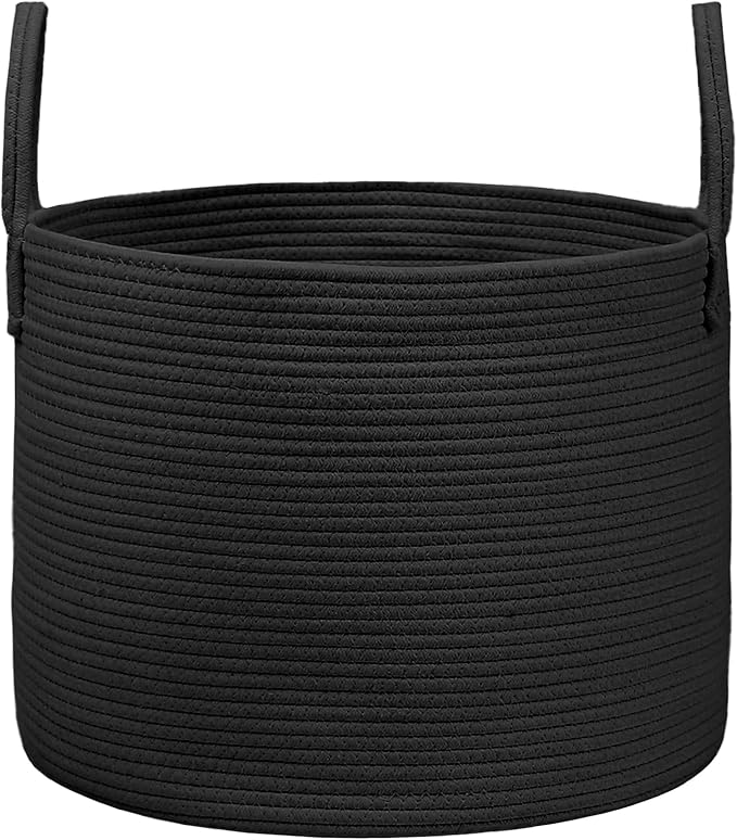 JMvicyroam 65L Extra Large Machine Washable Cotton Rope Blanket Basket | Collapsible laundry hamper, Reinforced handles, For blankets, pillows, toys and clothes, Living room and bedroom, Black
