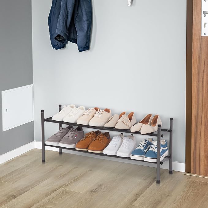 STORAGE MANIAC Expandable Shoe Rack for Closet, 8 Pairs Stackable Small Shoe Rack, Metal Adjustable Shoes Organizer for Entryway, Hallway, Garage, Front Door, Shoes Shelves, Black 2 Tier