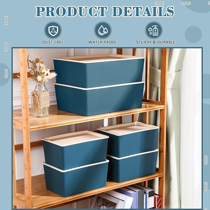 6 Pcs Large and Small Plastic Storage Bins with Lids 14.4 x 10.4 x 5.1 Inch Stackable Storage Containers Decorative Cubby Organizer for Clothes Shelves Garage Closet Office (Blue)