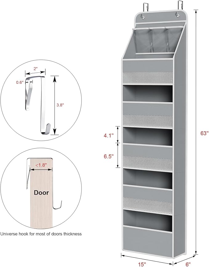 Univivi Fabric Over Door Hanging Organizer for Baby Nursery, Grey, 6-Shelf | Door Storage with Large Capacity Breathable Mesh Pockets, Over the Door Organizer for Baby Essential, Bedroom and Dorm