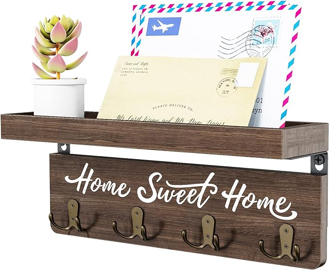 buways Key Holder Wall Mount with 8 Rustic Hooks and Cozy Home Sign（Brown） | Solid Wood,lots of colors, Floating Shelf for Keys, Mail, and Daily Essentials in Entryways, Hallways or Home Decor
