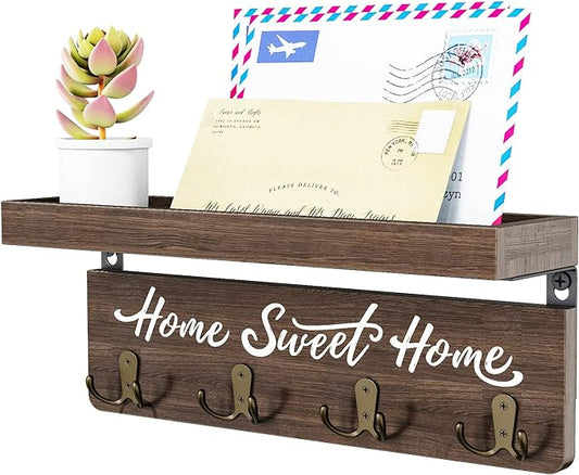 buways Key Holder Wall Mount with 8 Rustic Hooks and Cozy Home Sign（Brown） | Solid Wood,lots of colors, Floating Shelf for Keys, Mail, and Daily Essentials in Entryways, Hallways or Home Decor