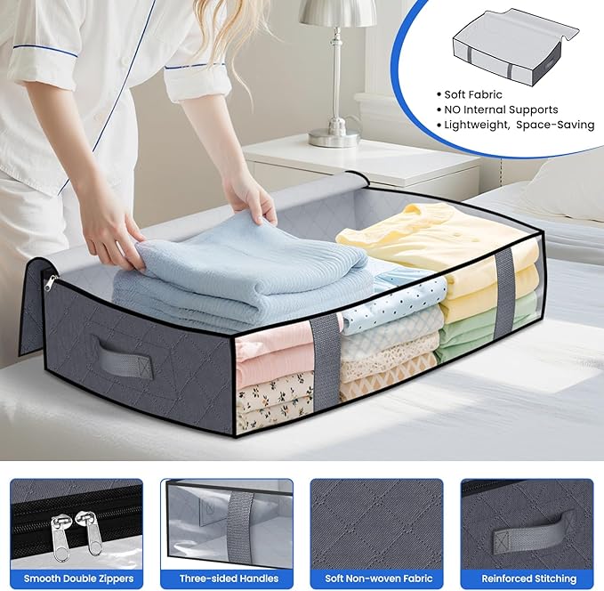 TasticTotes Under Bed Storage Containers, 8 Pack Blanket Storage Bags, Collapsible Storage Bags with Big Zippers, Clear Front, Shoe Storage and Organization for Clothes, Comforter, 60L, Grey