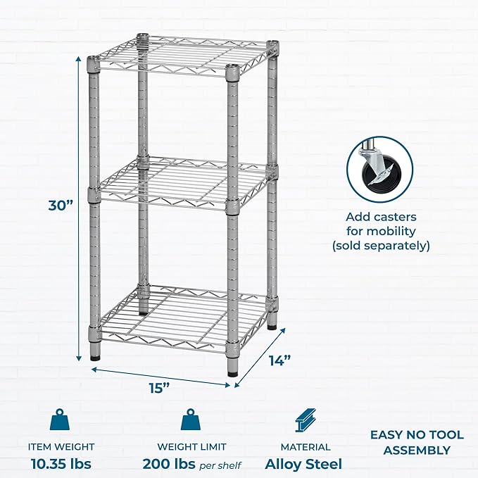 Honey-Can-Do 3-Tier Stackable Chrome Wire Shelf, 200 lb/Shelf, 15x14x30 in | 600 lb total in a compact footprint; stacks & connects into a custom wall; fits counters & closets; no-tool build