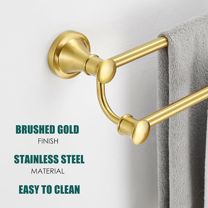 Hoimpro Double Towel Bar Towel Rack for Bathroom Wall Mounted Brushed Gold | Adjustable 16-26 In,Wall Mounted Towel Holder, Stainless Steel, Rustproof, Towel Rod Hanger Hardware Accessories Hotel