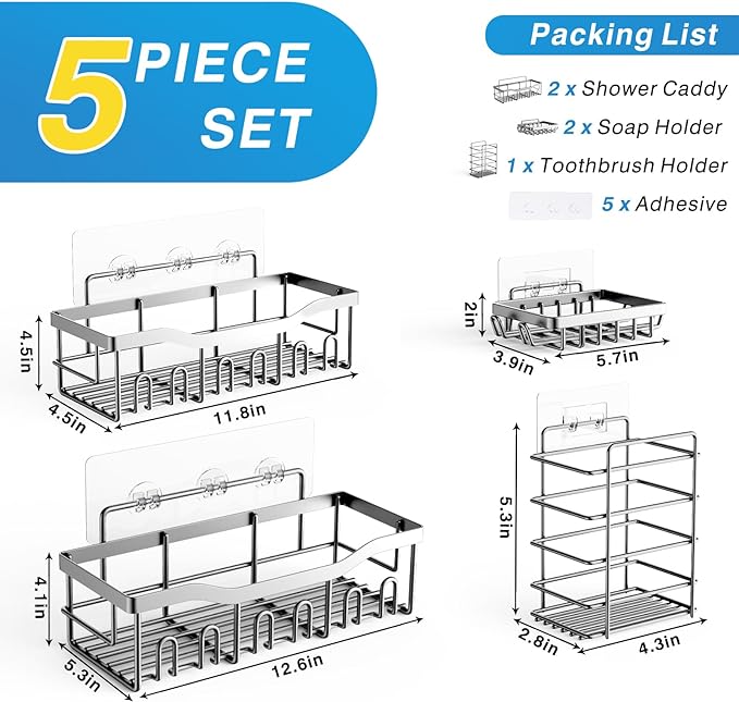 EUDELE 5-Pack Adhesive Shower Caddy Organizer, Large Capacity Rustproof Stainless Steel Shower Shelves, No Drill Bathroom Storage for Shower, Kitchen & Home Decor