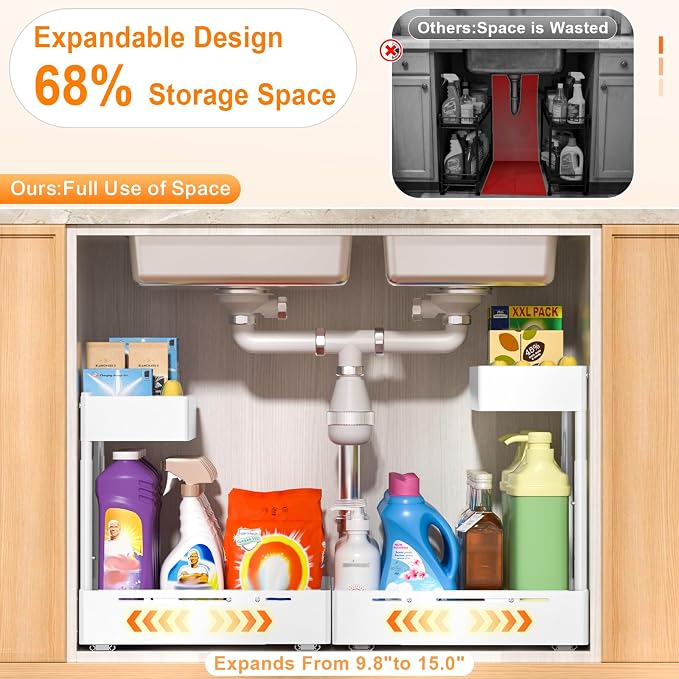 YJHome 2 Pack Expandable Under Sink Organizer, 2 Tier Pull Out Cabinet Organizer with Smooth Ball Bearing Slides, Adjustable Height Cabinet Storage Shelves for Kitchen, Bathroom, Laundry, Pantry
