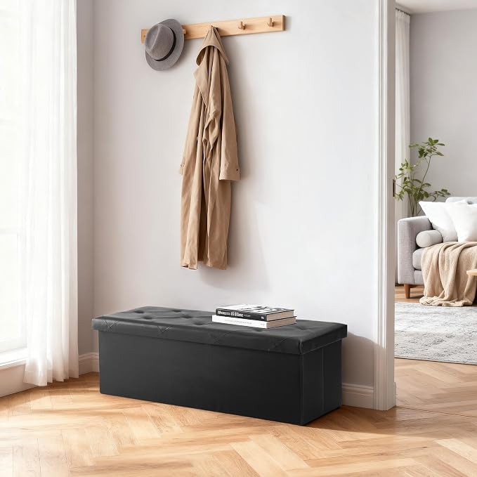 DUMOS 43 Inch Folding Ottoman with Storage Bench, Foot Rest Stool Ottoman | Upholstered End of Bed Storage Bench, Storage Ottoman Loads 660 Lbs for Bedroom, Living Room, Synthetic Leather, Black