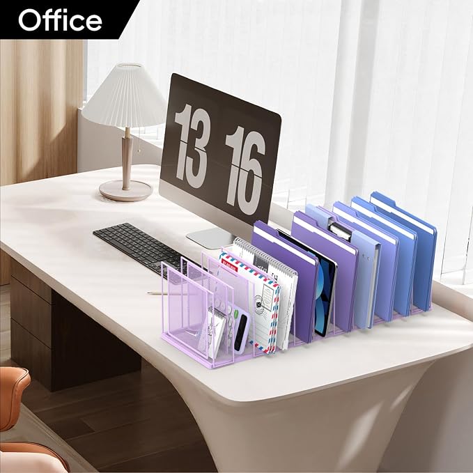 File Organizer for Desk, 11-Section Vertical File Sorter, Paper Holder Organizer Standing Metal File Folder for Office Home Classroom, Purple
