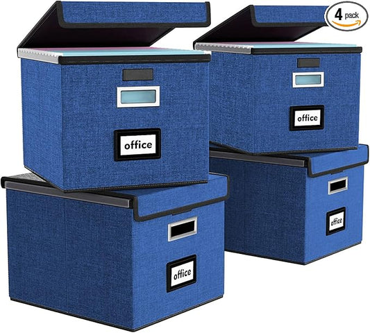 File Organizer Box with Lids, Collapsible File Folder Organizer | File Box with Plastic Slides for Document, Filing Bin for Letter Size Hanging File Folders (4 Pack, Royal Blue)