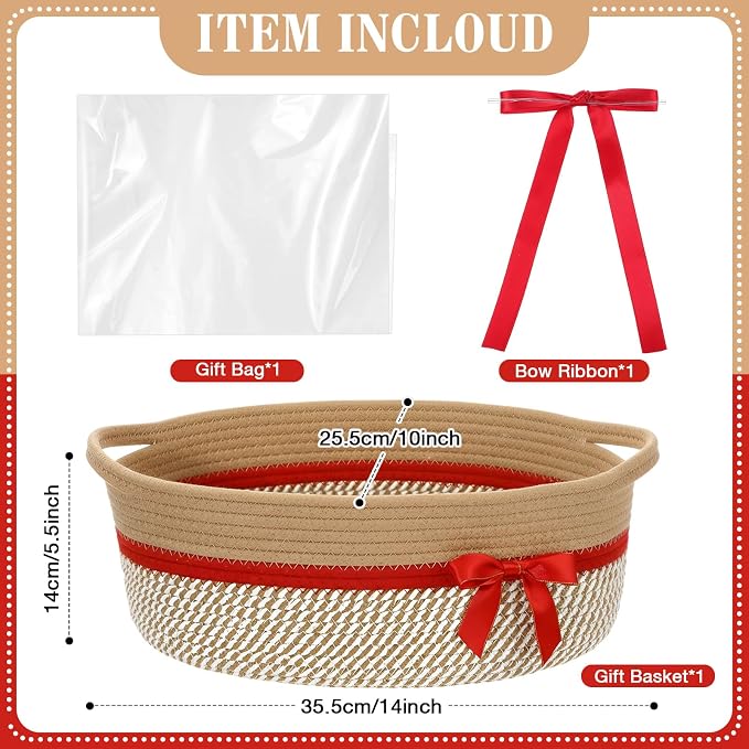 Colingmill 1 Set Woven Empty Basket for Gift,Brown Red | with Cellophane Wrap Set, 14 x 10 x 5.5 Inch, Medium Decorative Gift Basket, Cotton Rope Storage Box, Home Decor