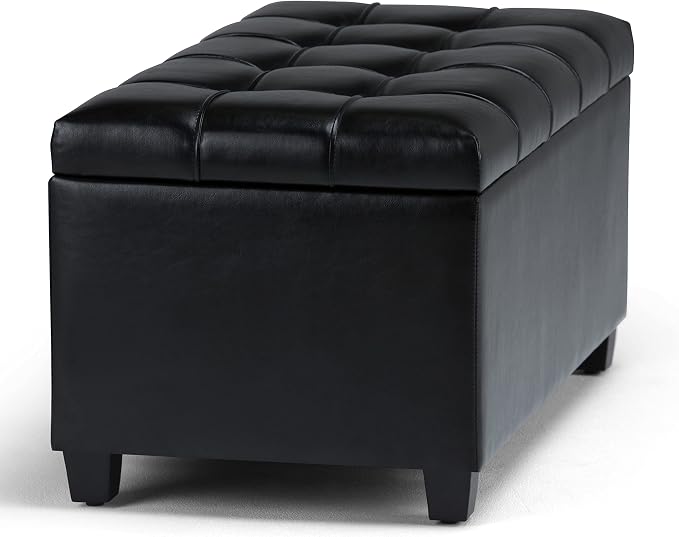 SIMPLIHOME Avalon 35" Wide Velvet Square Storage Ottoman in Blue | Transitional ottoman with tufting and lift-up lid; rectangle storage bench for living room or entryway.