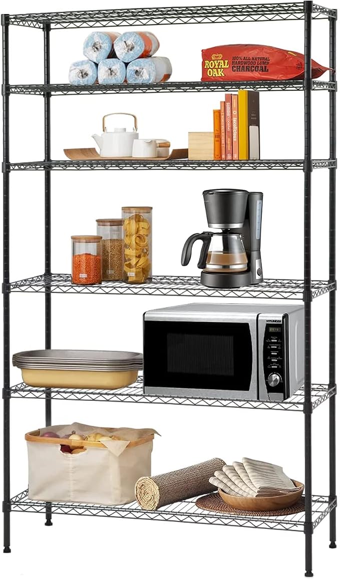 BestOffice | 6-Tier Wire Shelf | 42" x 16" x 72" | Black | Storage Shelves with Adjustable Racks, Holds upto 1500 lbs | Rust-Resistant, No-Tool Assembly | For Home, Garage