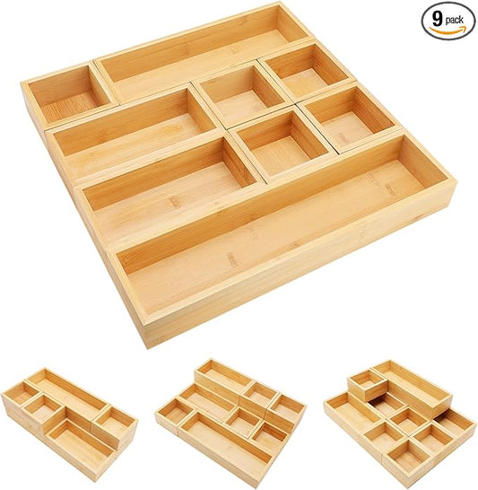 MapleGrace Bamboo Drawer Organizer Set, 9 PCS Wood Storage Organizers | Multi-Use Junk Drawer Divider, Storage Trays Containers for Kitchen, Bathroom, Office Desk, Makeup, Jewelry, Utensils