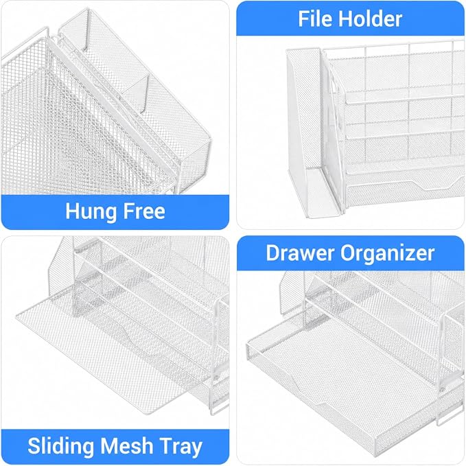 OPNICE Desk Organizer, 4-Tier Desktop File Organizer with Drawer and Pen Holders, Office Desk Accessories, File Sorters, Workspace Organizers for Office Supplies(White - Metal Pen Holder)