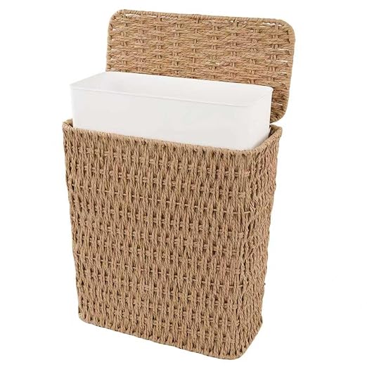 Coeusy 3 Gallon Paper Rope Bathroom Trash Can,Small Wicker Trash Cans with Lid and Liner,Woven Rattan Narrow Waste Basket for Bedroom,Office,Natural