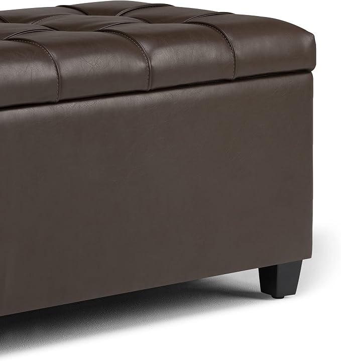 SIMPLIHOME Shiloh 48" Wide Vegan Leather Rectangle Ottoman in Saddle Brown | Transitional ottoman with tufting and lift-up lid; rectangle storage bench for living room or entryway.